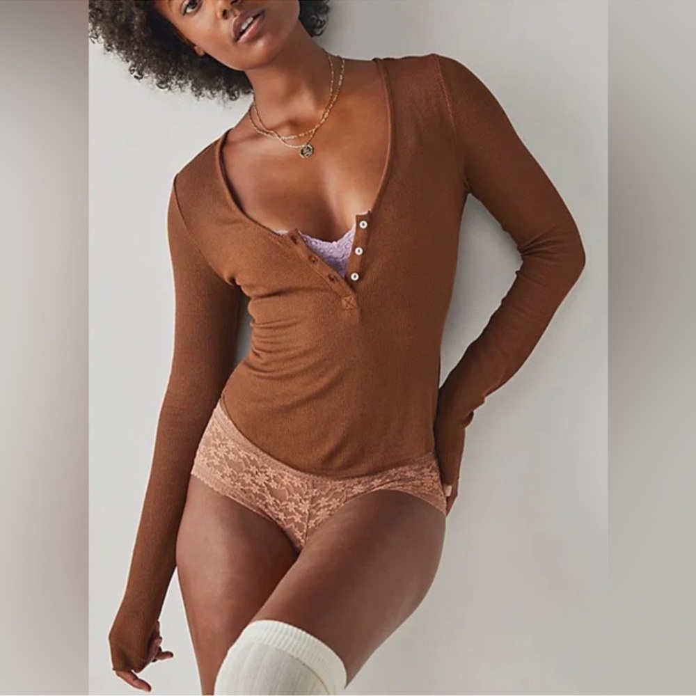 Free People Basic Layering Top Brown Thermal Henl… - image 1